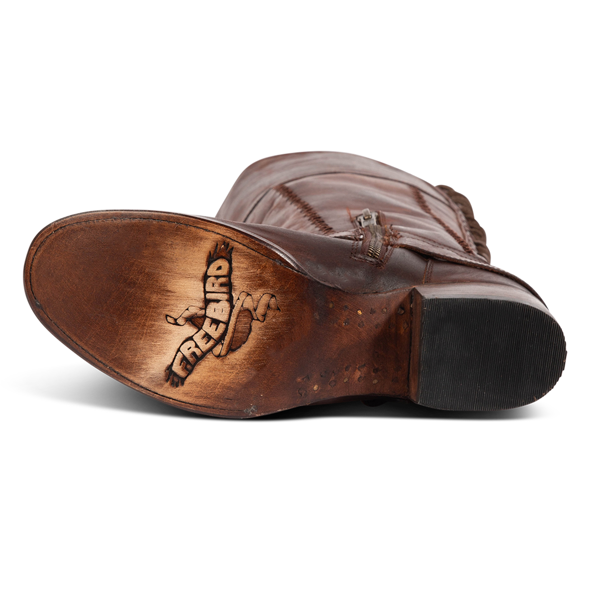 Leather sole imprinted with FREEBIRD on Freebird women's GIGI cognac knee high leather boot 