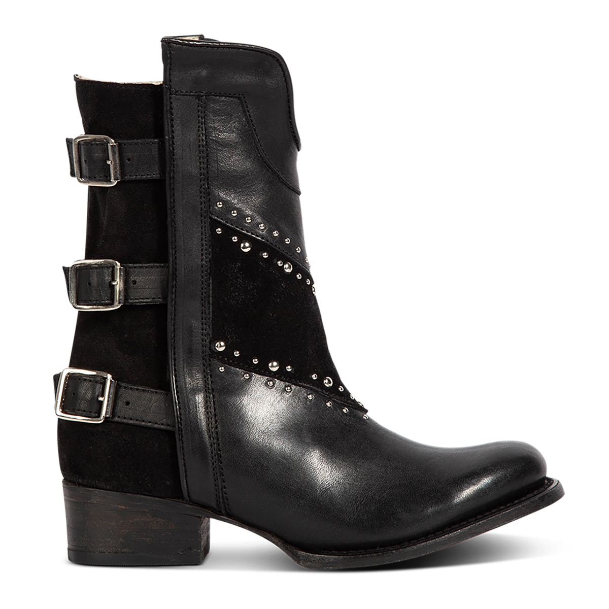 Freebird women's GOLDIE black suede and leather boot with stud embellishments, front shin cut out and adjustable buckle straps around the calf