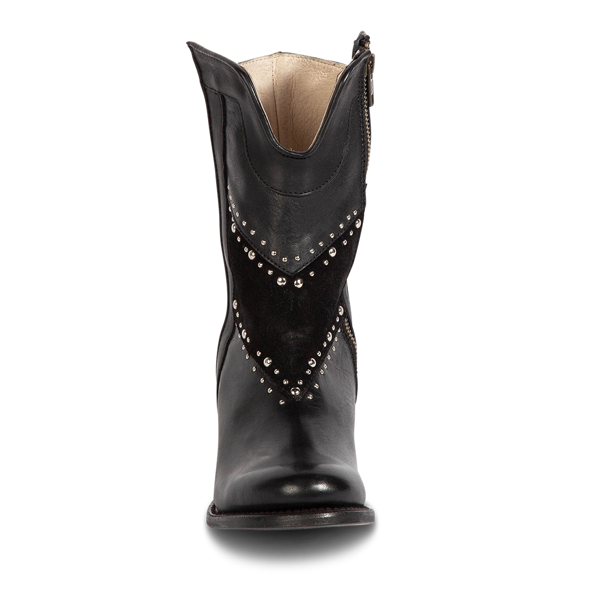 Front view showing Freebird women's GOLDIE black suede and leather boot with stud embellishments, front shin cut out and inside brass zipper