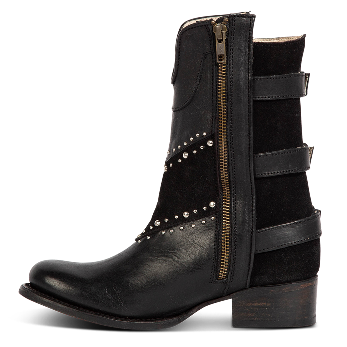 Inside view showing Freebird women's GOLDIE black suede and leather boot with stud embellishments, adjustable buckle straps around the calf and a low heel