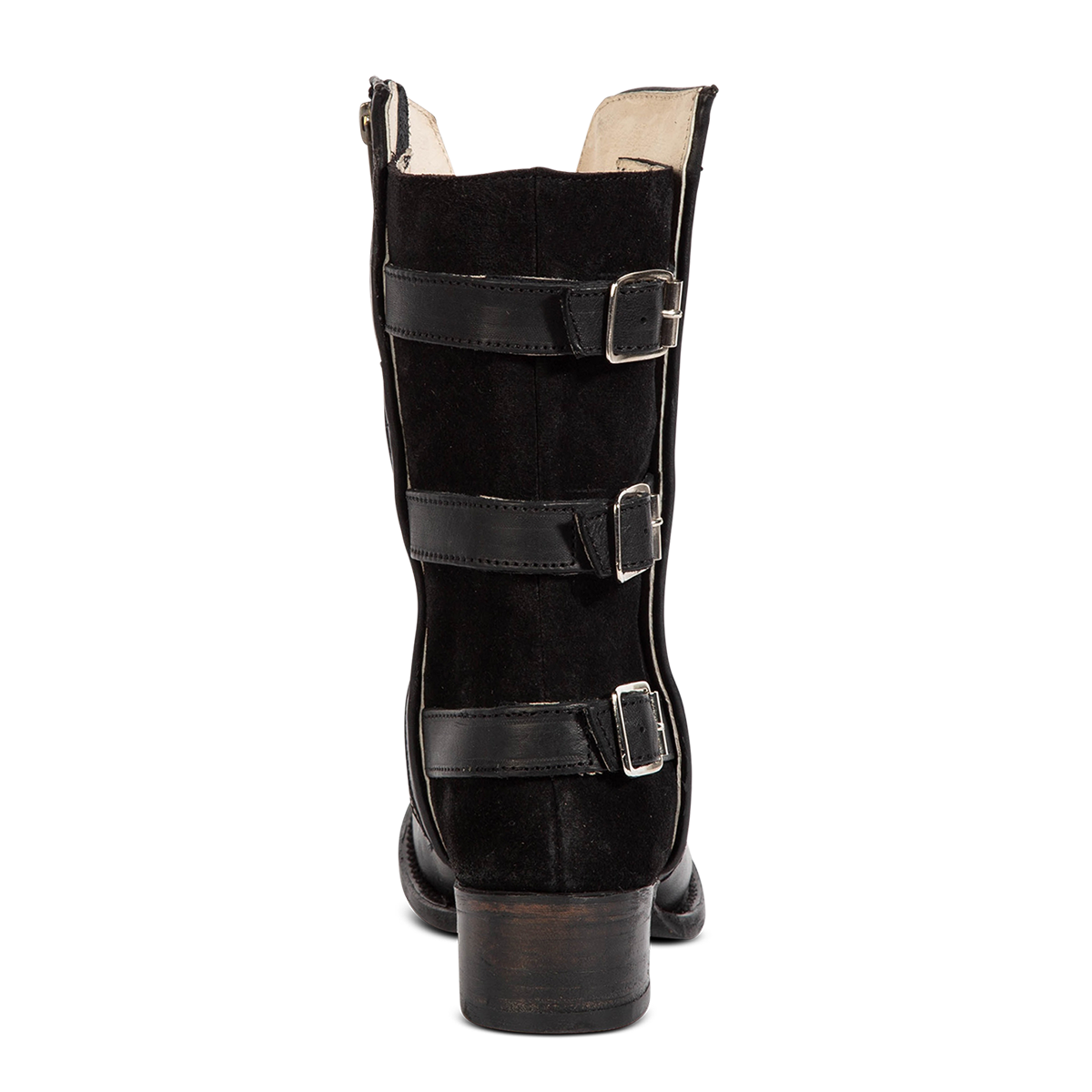 Back view showing a low heel and three adjustable calf buckle straps on Freebird women's GOLDIE black suede and solid leather boot