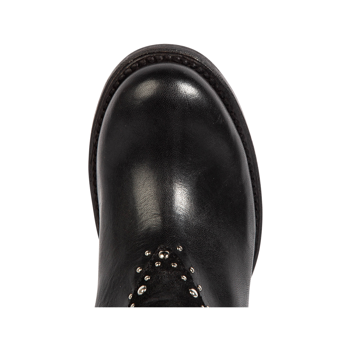 Top view showing a round toe construction on Freebird women's GOLDIE black suede and solid leather boot