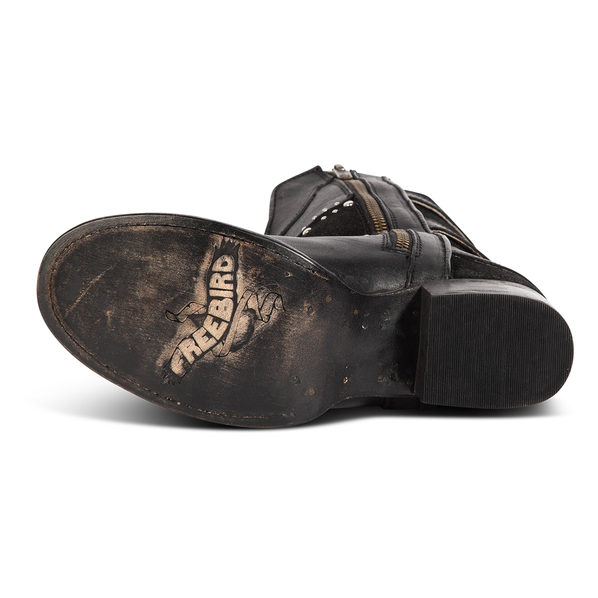 Leather sole imprinted with FREEBIRD on women's GOLDIE black suede and solid leather boot