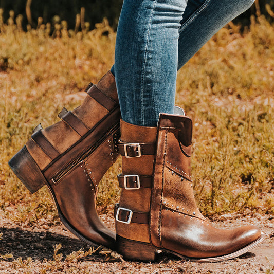 Freebird women's GOLDIE cognac suede and leather boot with stud embellishments, front shin cut out and adjustable buckle straps around the calf