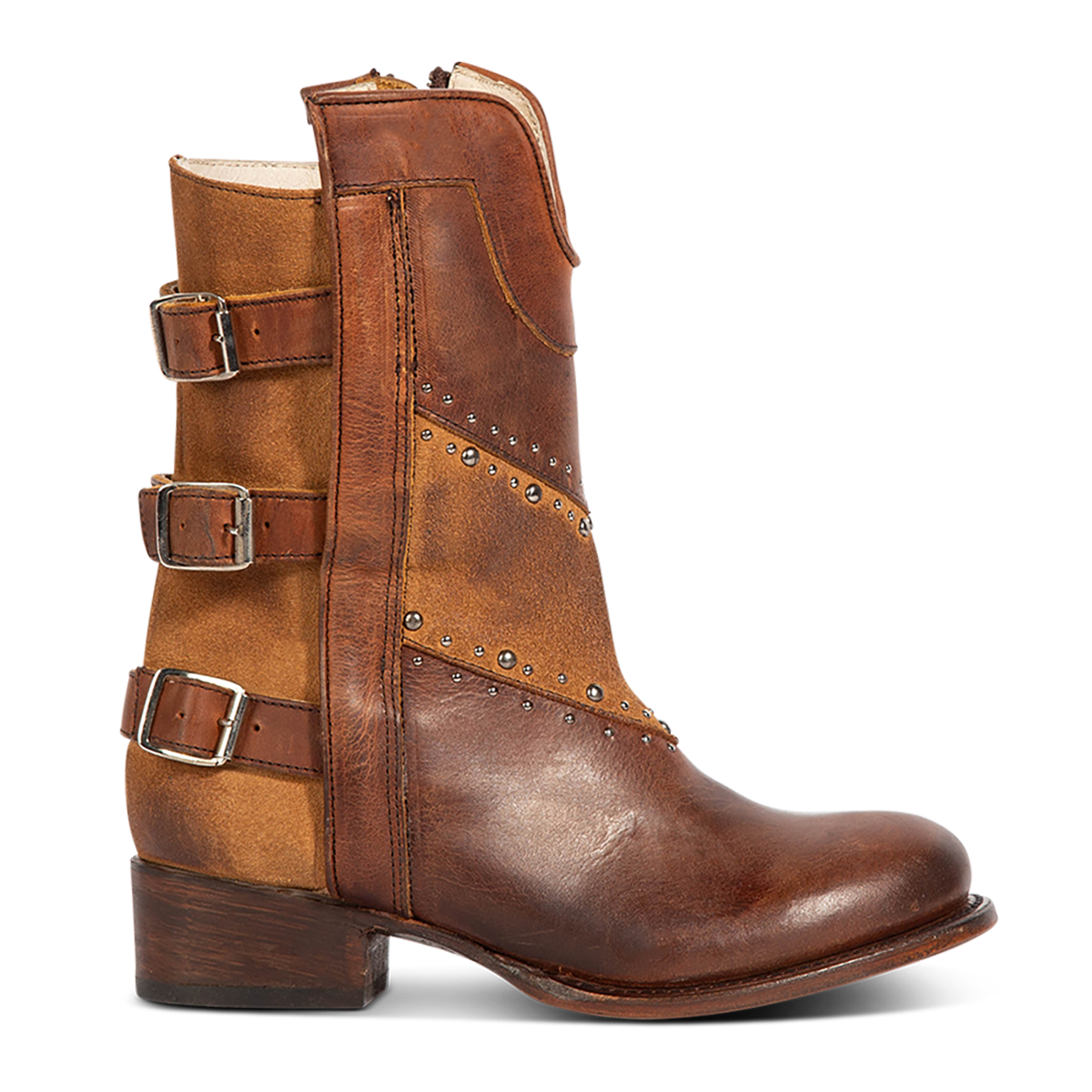 Freebird women's GOLDIE cognac suede and leather boot with stud embellishments, front shin cut out and adjustable buckle straps around the calf