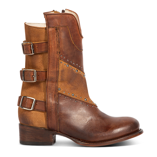 Freebird women's GOLDIE cognac suede and leather boot with stud embellishments, front shin cut out and adjustable buckle straps around the calf