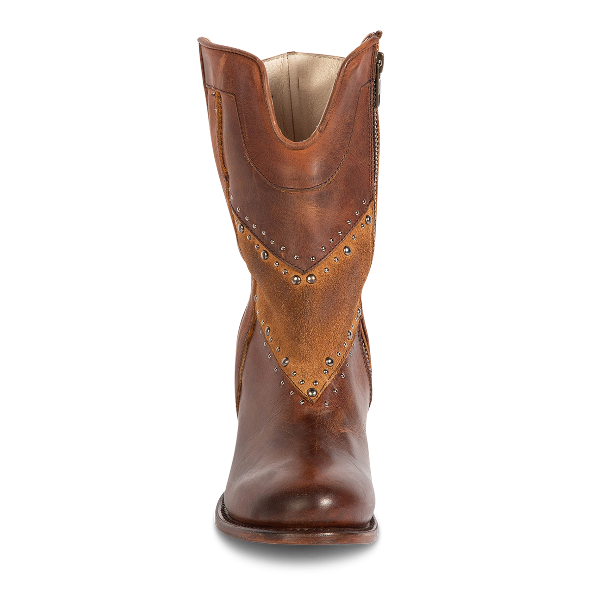 Front view showing Freebird women's GOLDIE cognac suede and leather boot with stud embellishments, front shin cut out and inside brass zipper