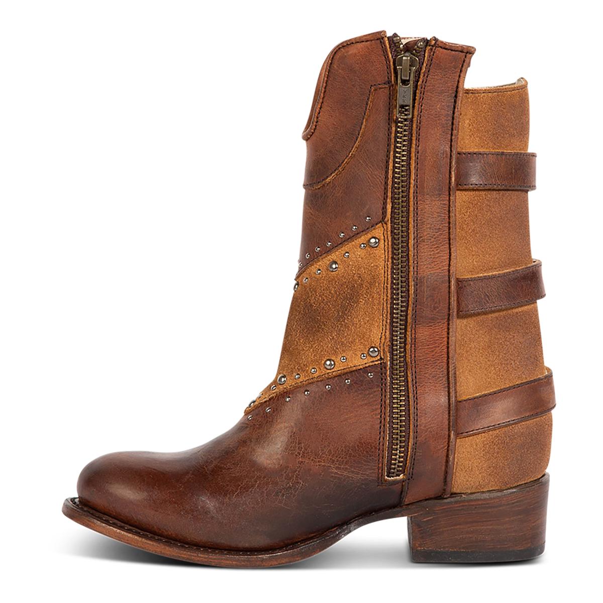 Inside view showing Freebird women's GOLDIE cognac suede and leather boot with stud embellishments, adjustable buckle straps around the calf and a low heel