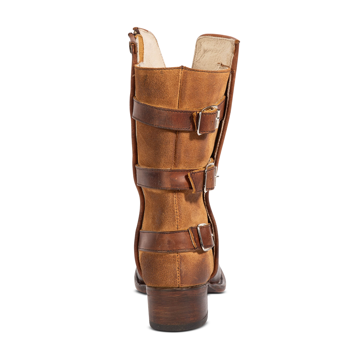 Back view showing a low heel and three adjustable calf buckle straps on Freebird women's GOLDIE cognac suede and solid leather boot