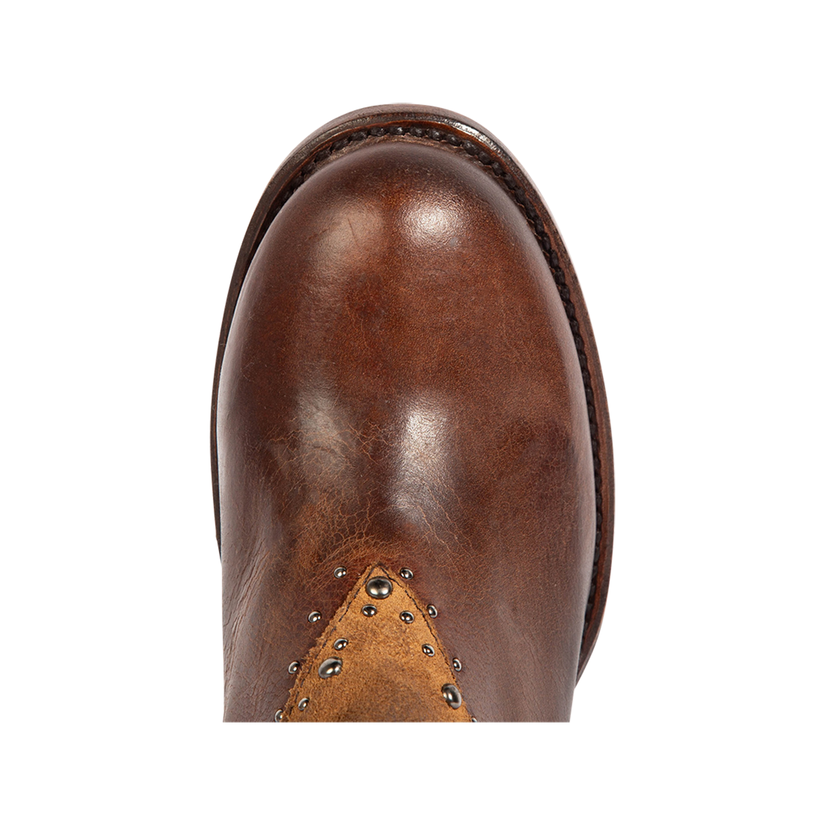 Top view showing a round toe construction on Freebird women's GOLDIE cognac suede and solid leather boot