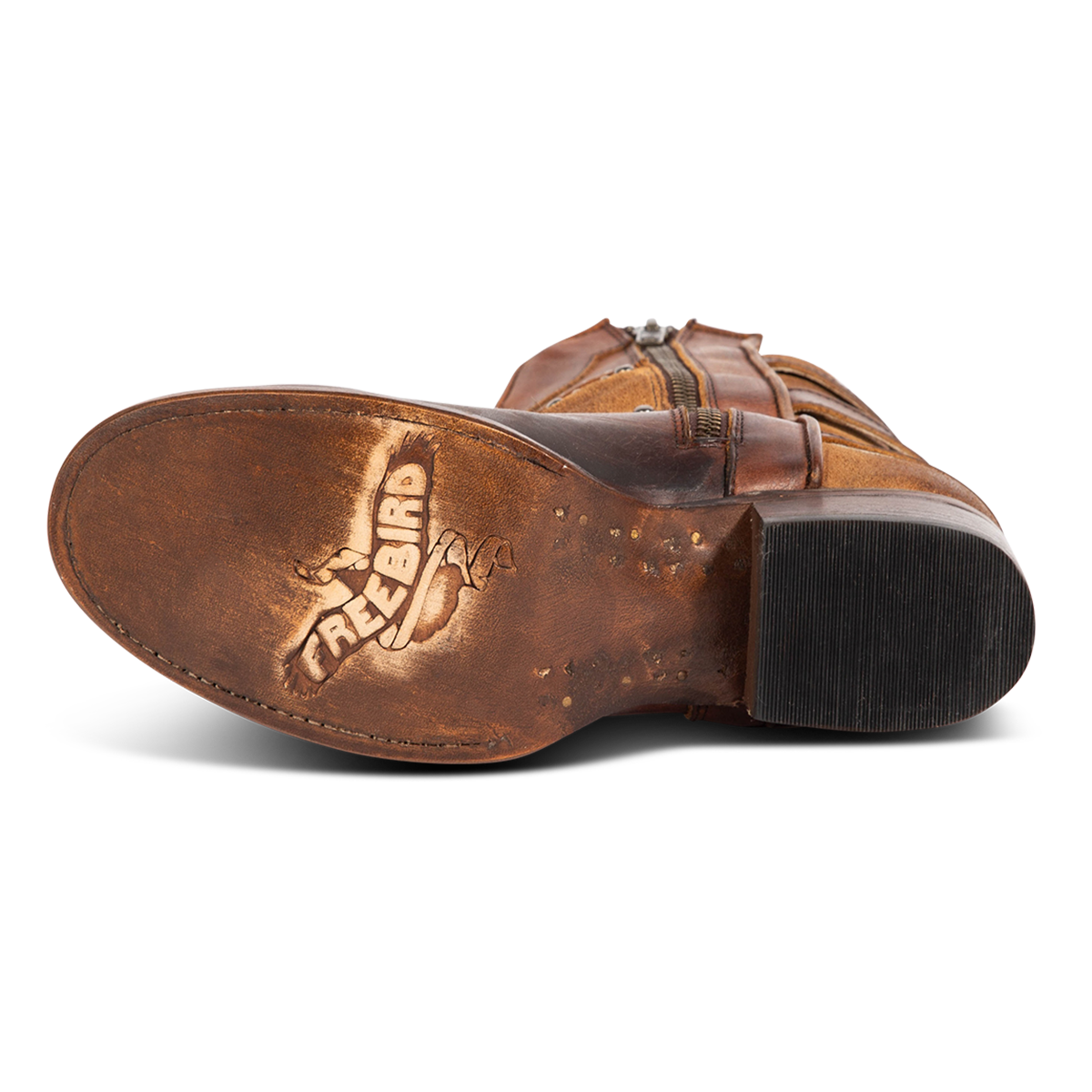 Leather sole imprinted with FREEBIRD on women's GOLDIE cognac suede and solid leather boot