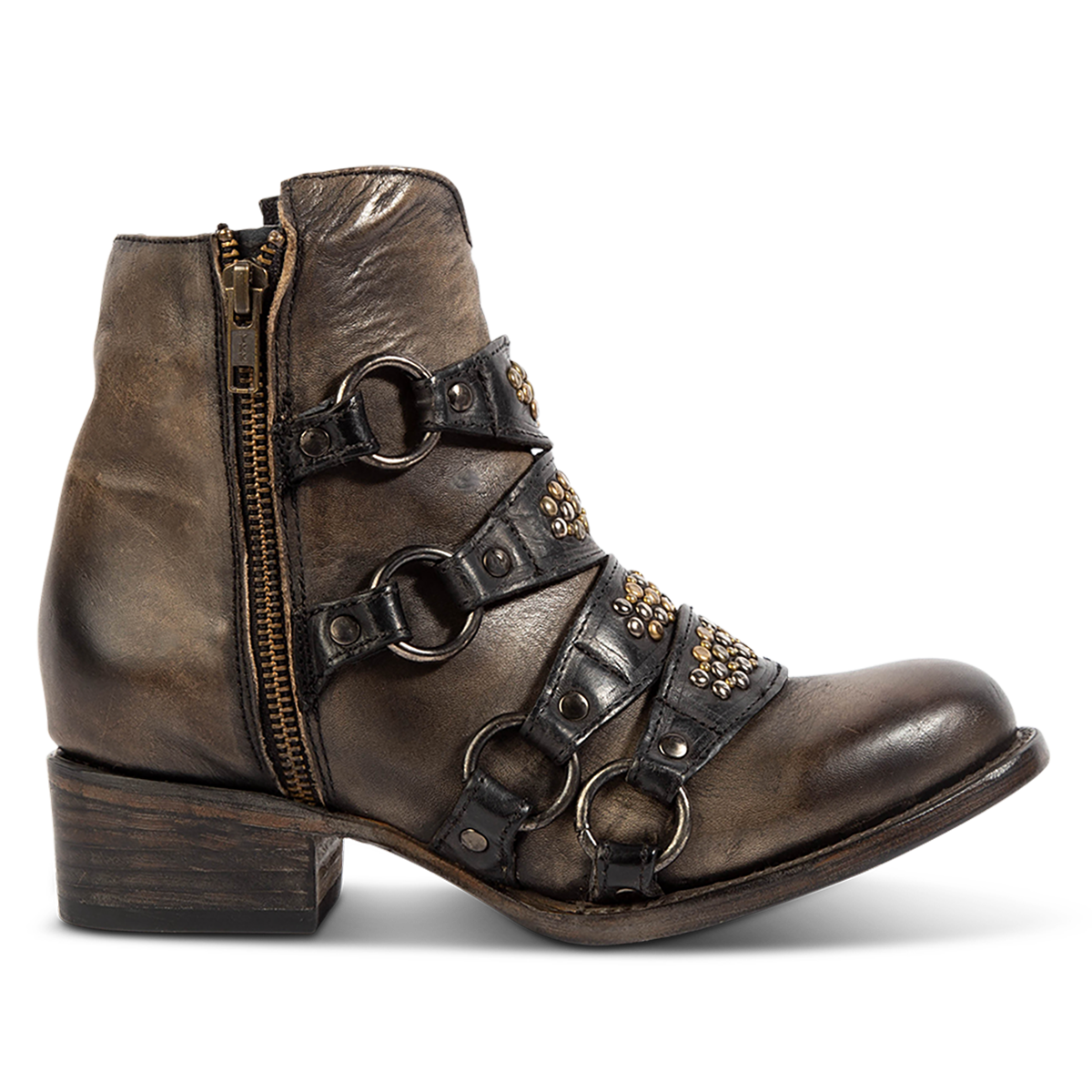 FREEBIRD women's Grady black distressed leather bootie with an inside working zipper, low bock heel and abstract shaft belt detailing