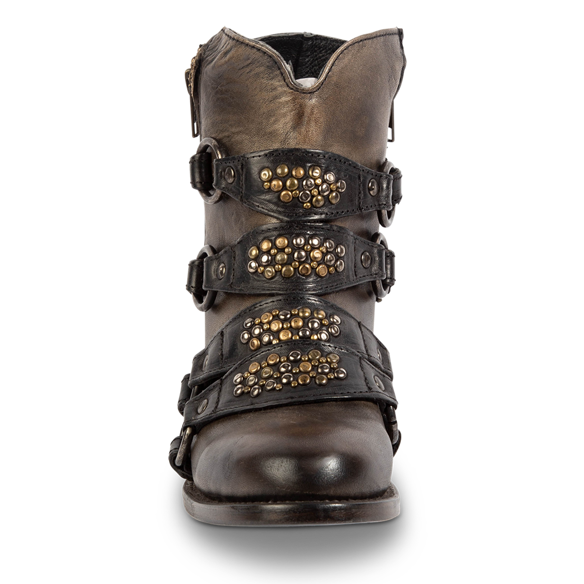 Front view showing FREEBIRD women's Grady black distressed leather bootie with an inside working zipper, low bock heel and abstract shaft belt detailing