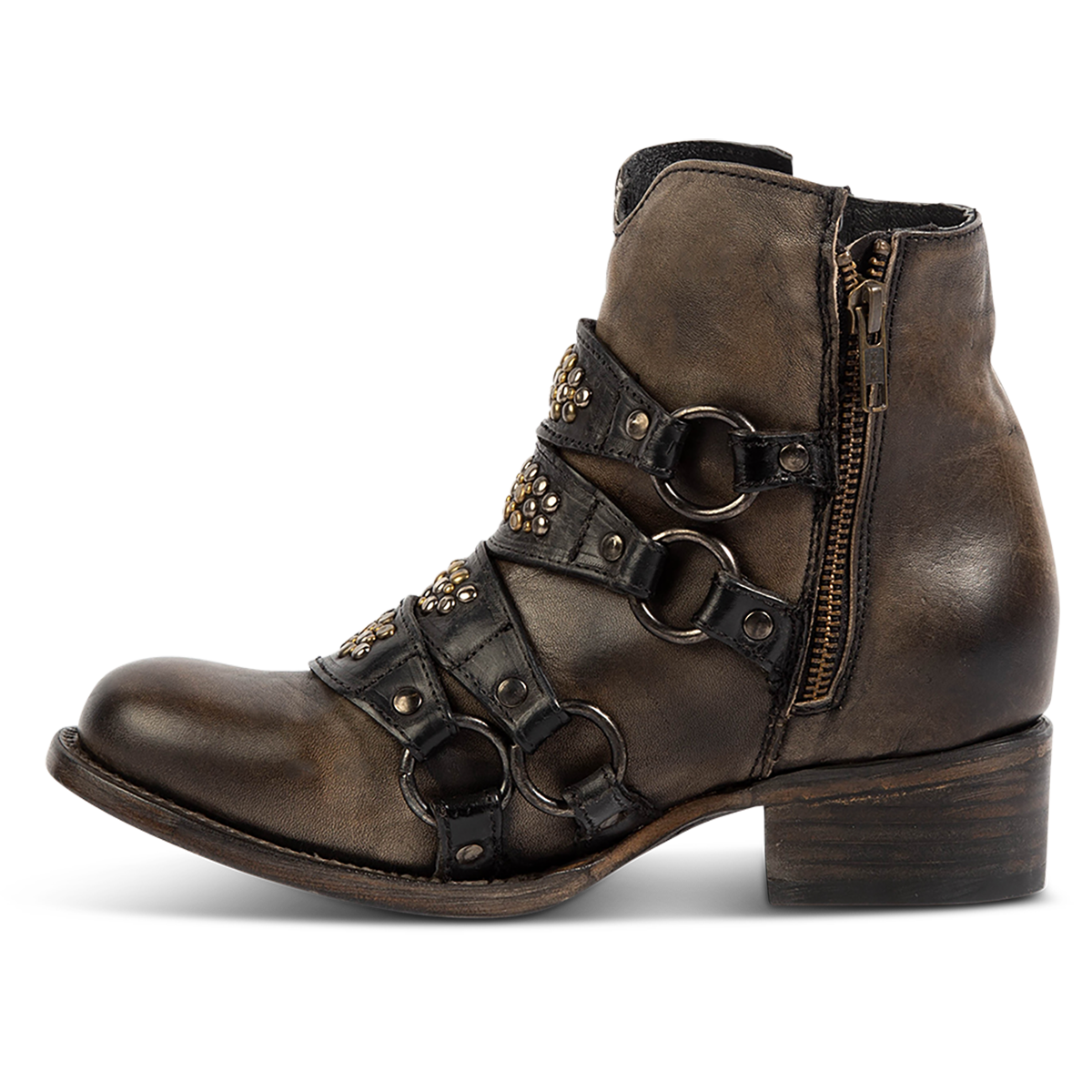 Inside view showing FREEBIRD women's Grady black distressed leather bootie with an inside working zipper, low bock heel and abstract shaft belt detailing