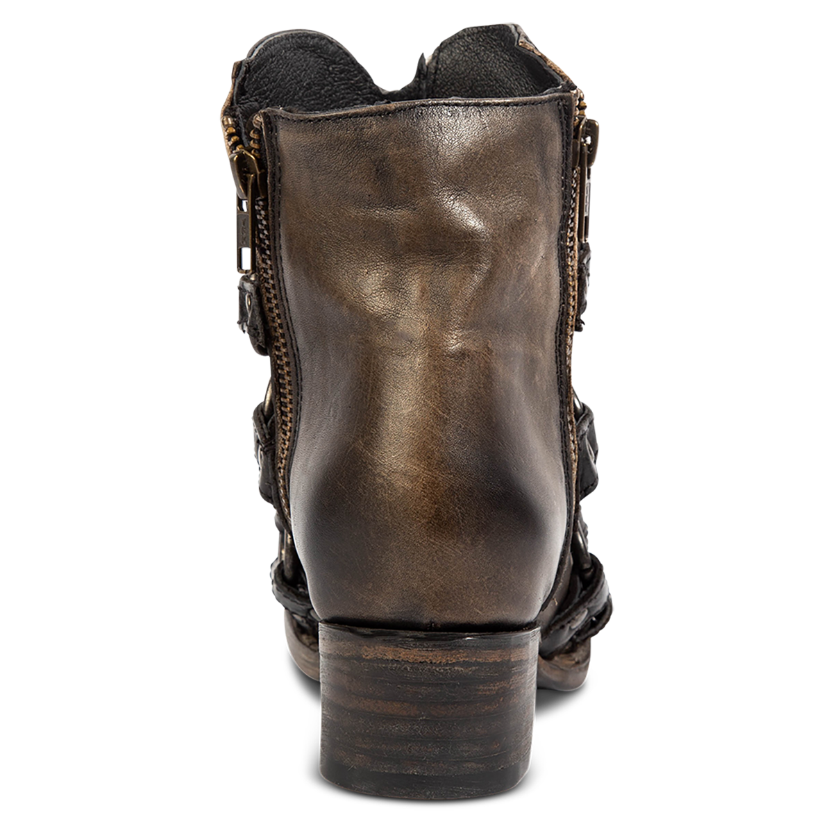 Back view showing a low block heel and inside working zipper on FREEBIRD women's Grady black distressed leather bootie
