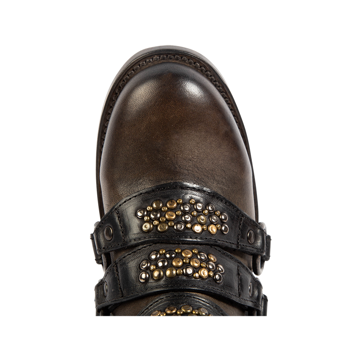 Top view showing a rounded toe on FREEBIRD women's Grady black distressed leather bootie