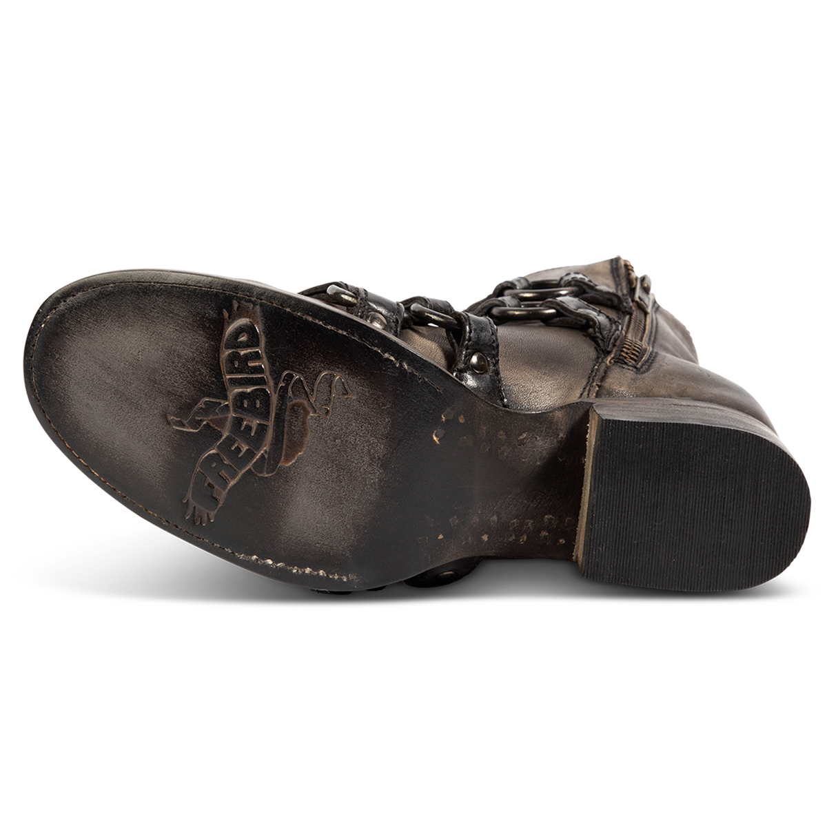 Leather sole imprinted with FREEBIRD on women's Grady black distressed leather bootie