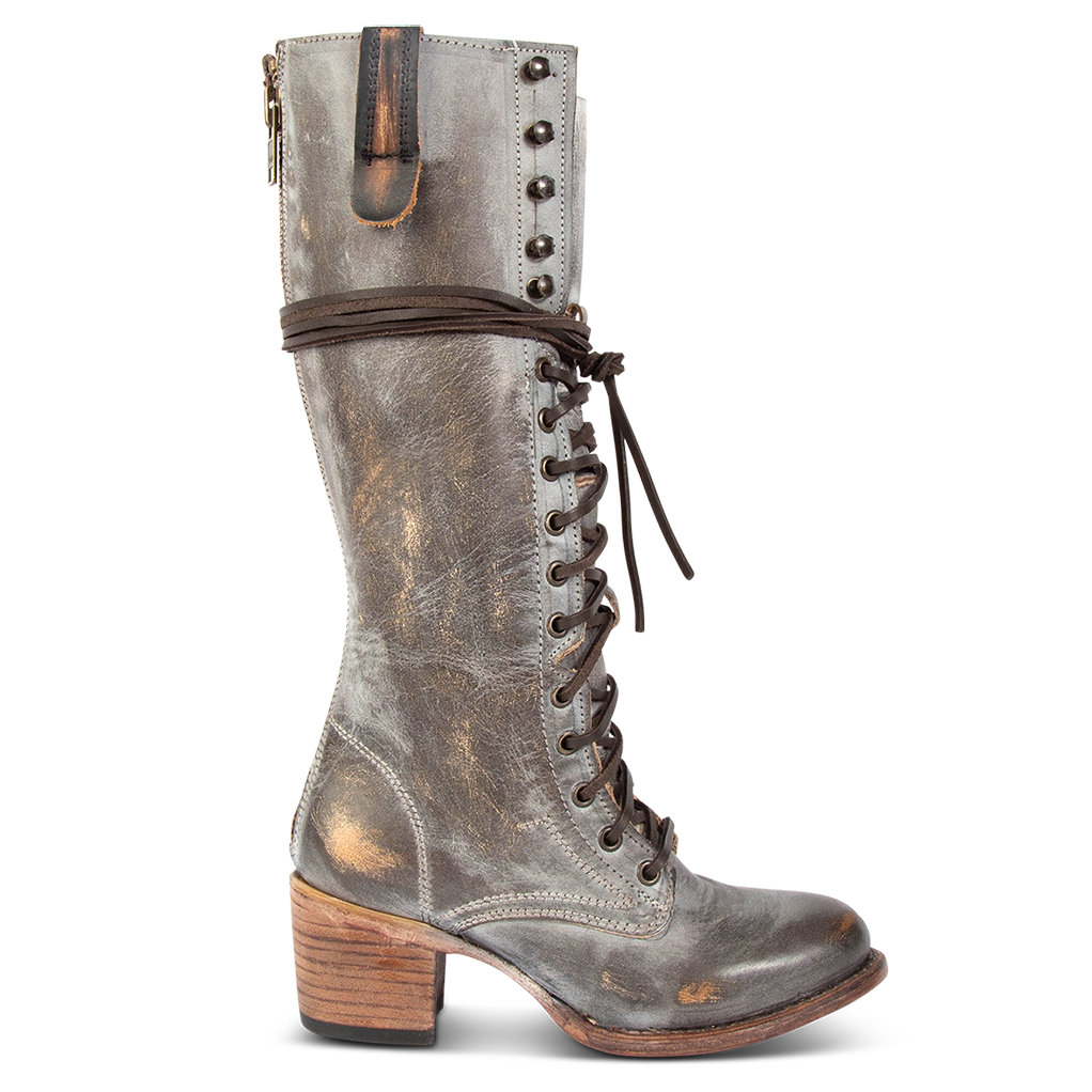 FREEBIRD women's Grany ice leather lace up front knee high boot with back zip closure