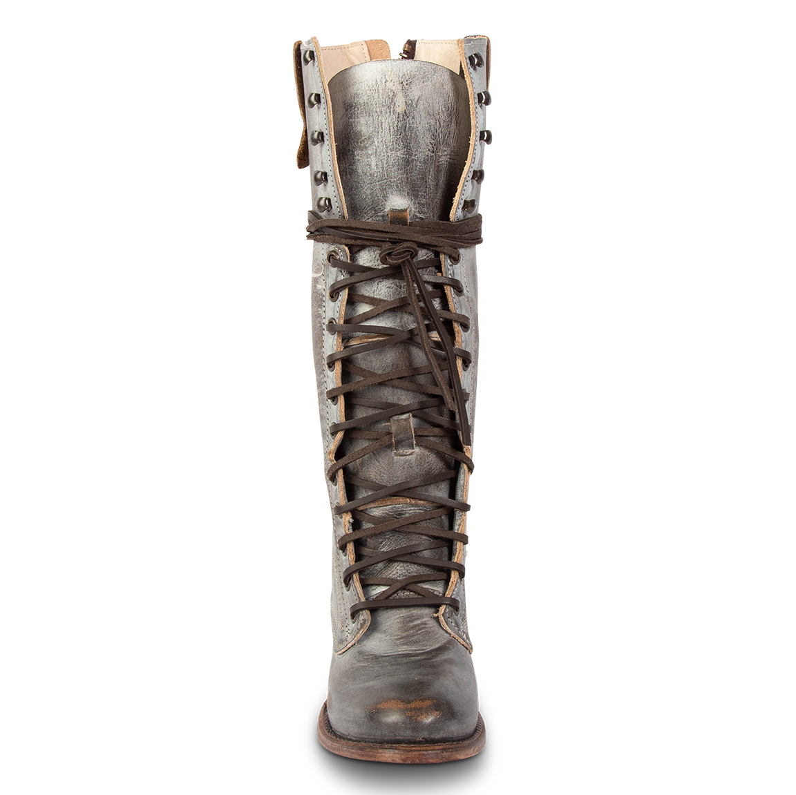 Front view showing full shaft adjustable front lace closure with with leather laces on FREEBIRD women's Grany ice tall boot
