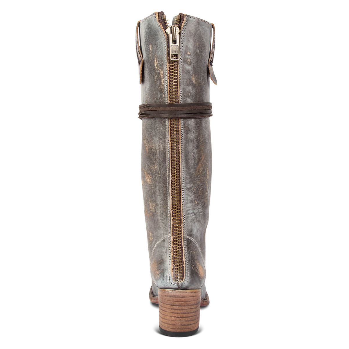 Back view showing brass zip closure and red leather pull tab on FREEBIRD women's Grany ice tall boot