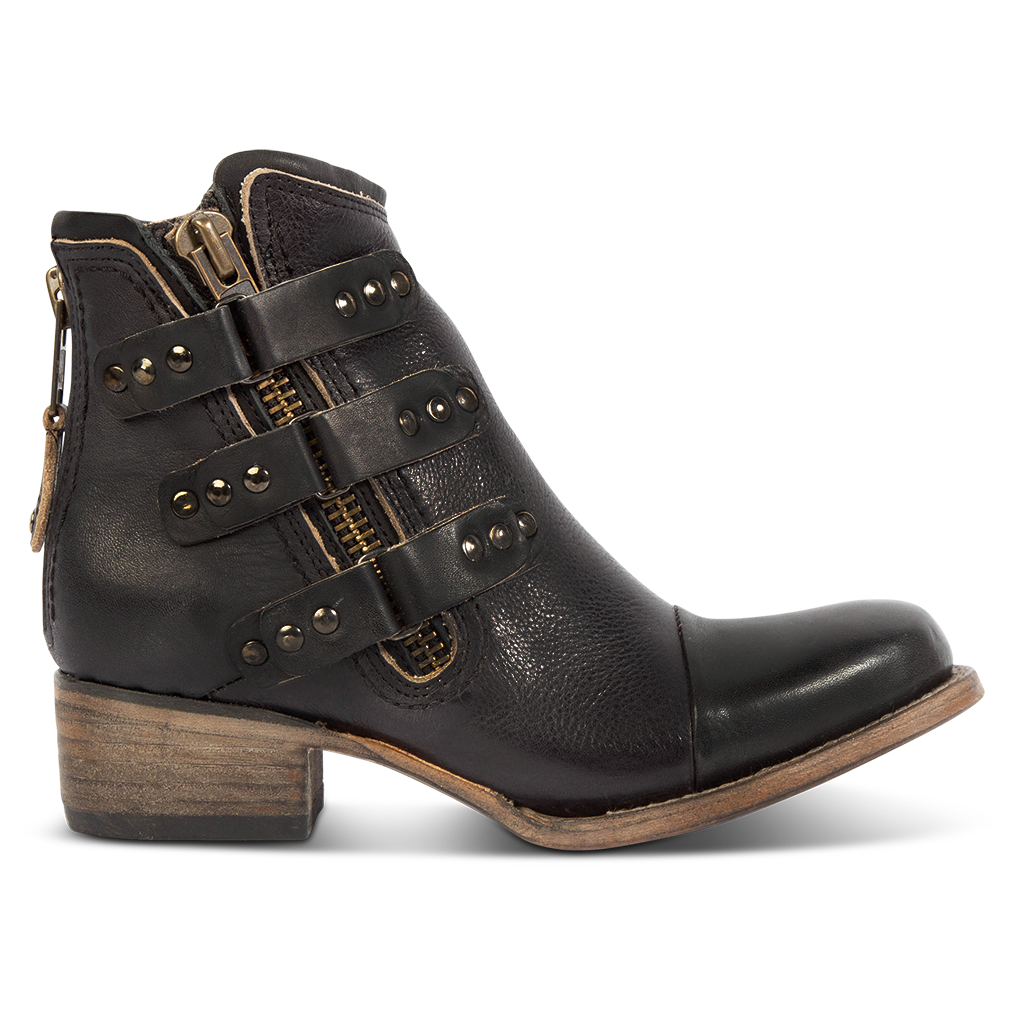 FREEBIRD women's Grecko black leather ankle bootie with low block heel and symmetrical studded straps. 