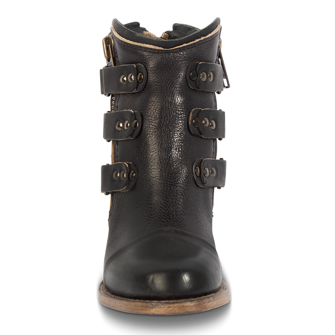 Front view showing symmetrical studded straps and rounded toe on FREEBIRD women's Grecko black leather ankle bootie