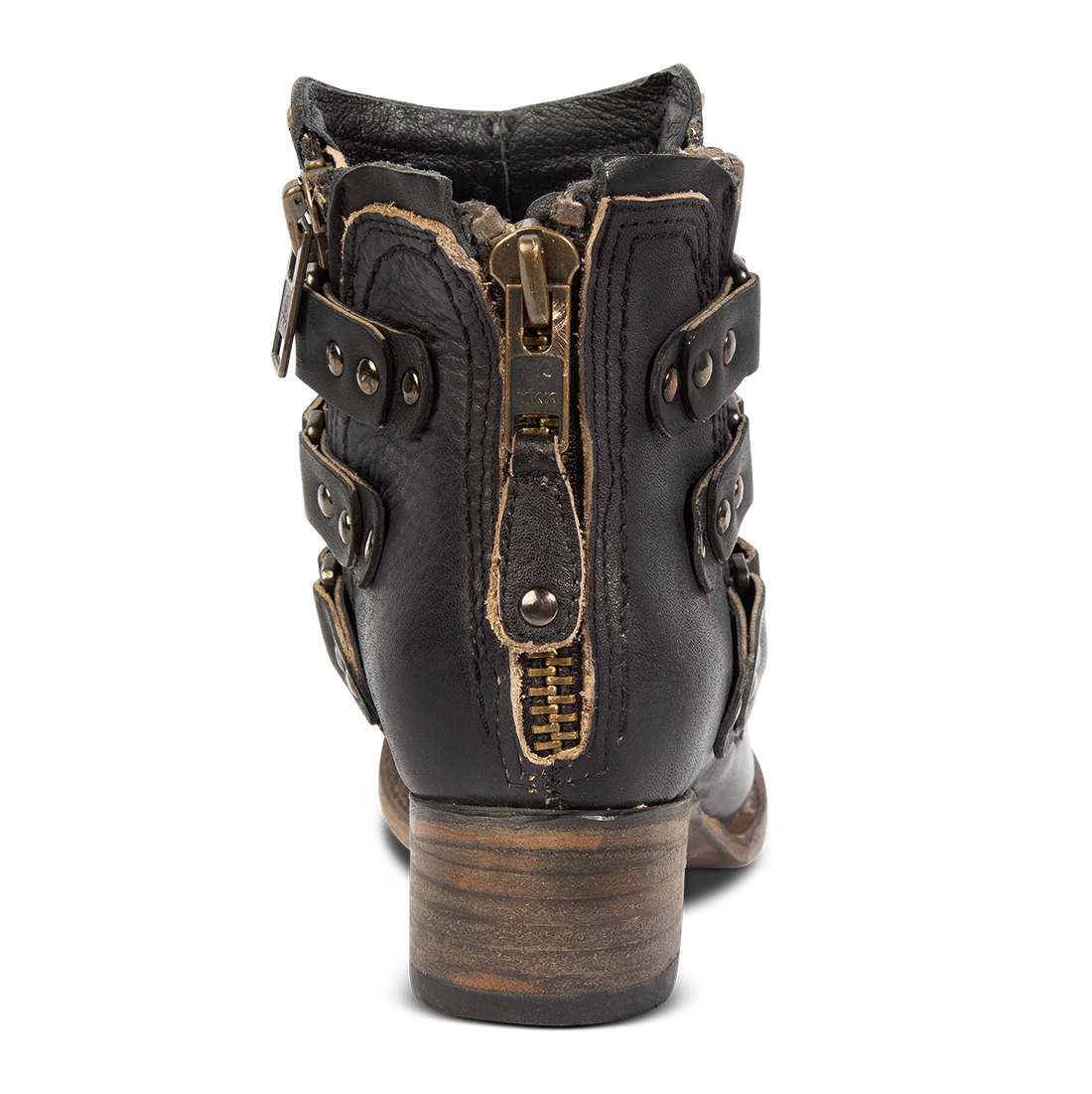 Back view showing block heel and heel brass zip closure on Freebird women's Grecko black leather ankle bootie