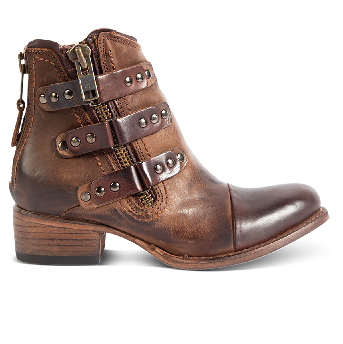 FREEBIRD women's Grecko brown leather ankle bootie with low block heel and symmetrical studded straps.