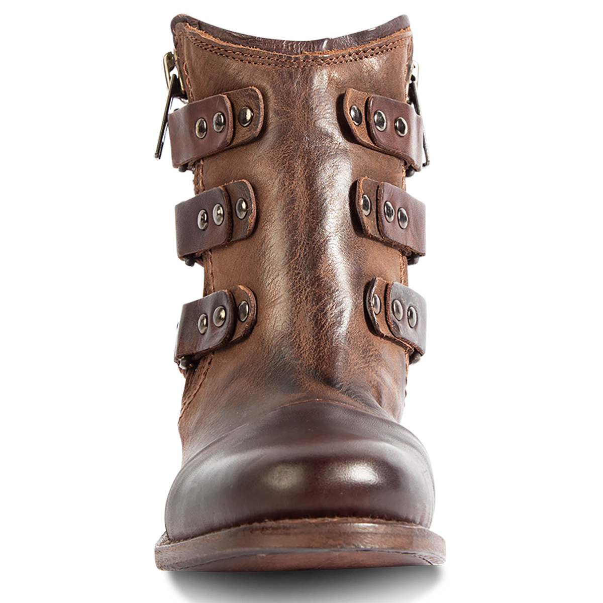 Front view showing symmetrical studded straps and rounded toe on FREEBIRD women's Grecko brown leather ankle bootie