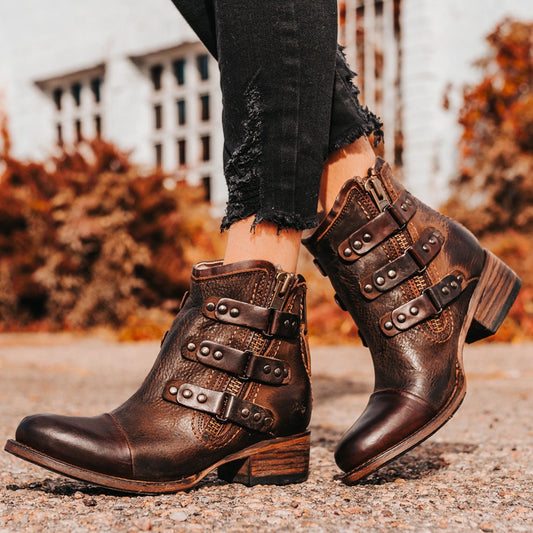 FREEBIRD women's Grecko brown leather ankle bootie with low block heel and symmetrical studded straps