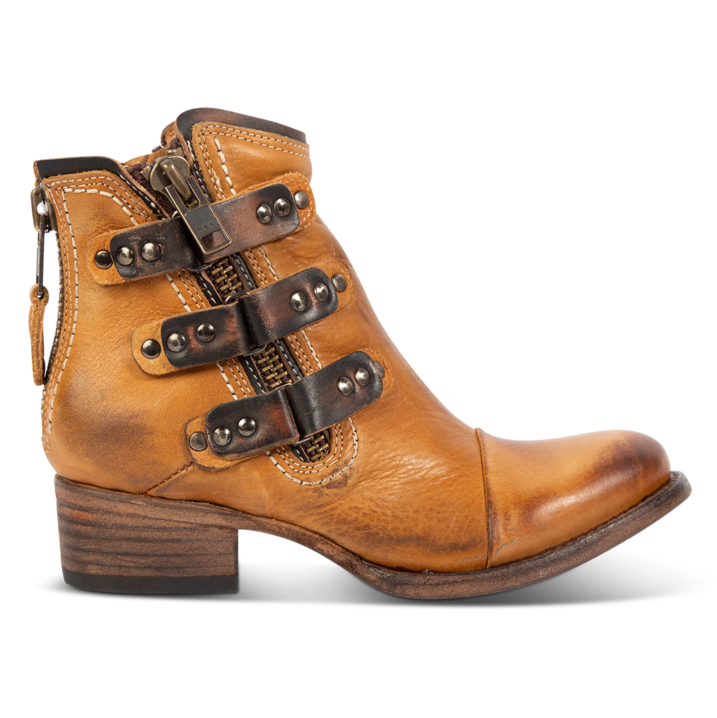 FREEBIRD women's Grecko cognac leather ankle bootie with low block heel and symmetrical studded straps 