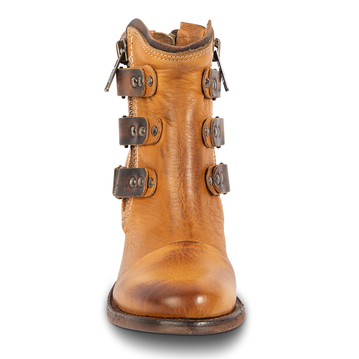 Front view showing symmetrical studded straps and rounded toe on FREEBIRD women's Grecko cognac leather ankle bootie