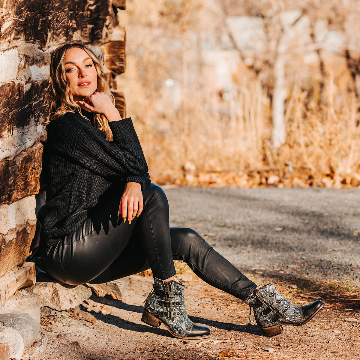 FREEBIRD women's Grecko olive leather ankle bootie with studded symmetrical straps and heel brass zip closure lifestyle