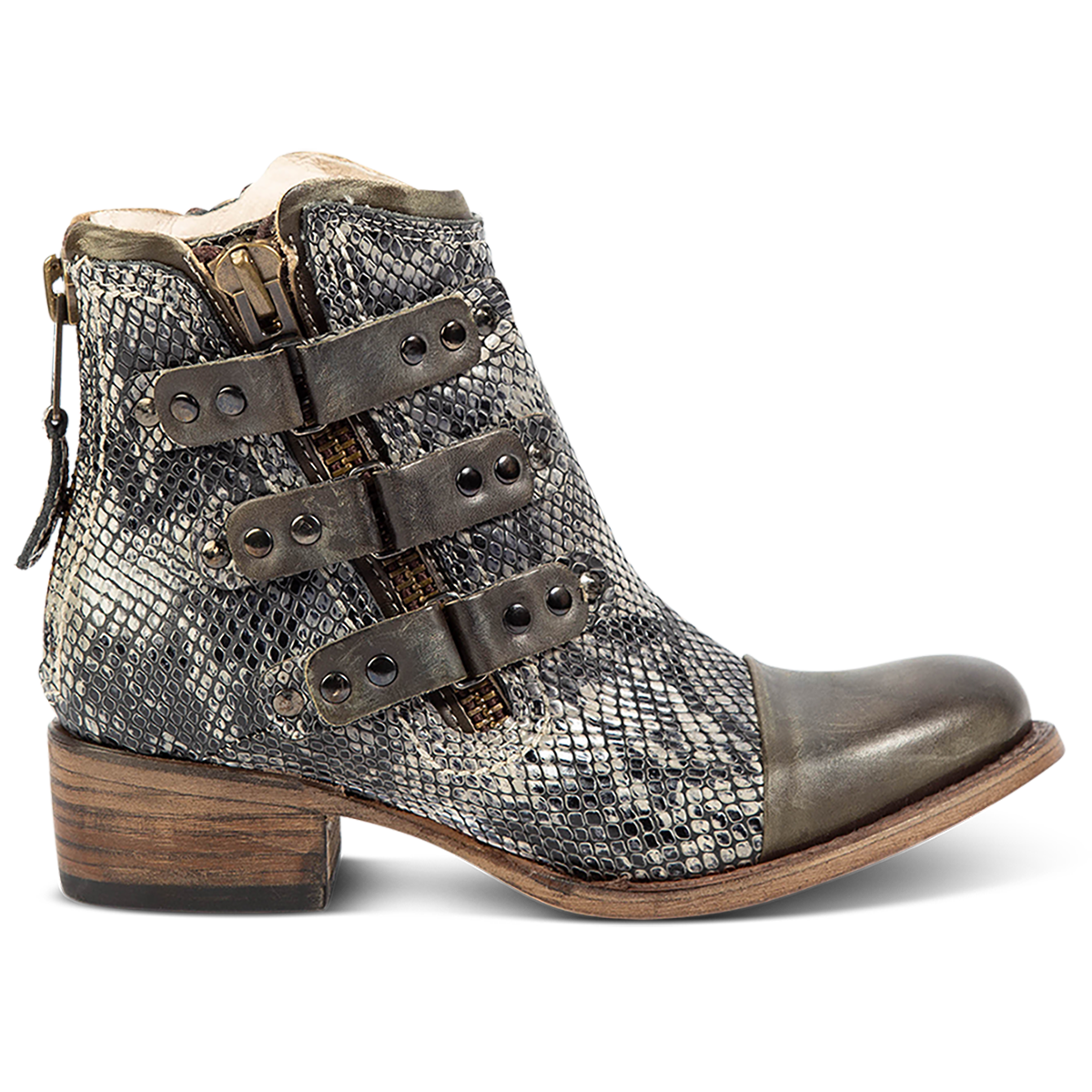 FREEBIRD women's Grecko olive leather ankle bootie with studded symmetrical straps and heel brass zip closure