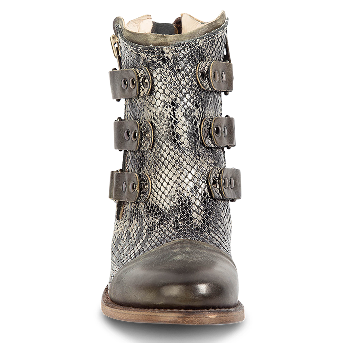 Front view showing symmetrical studded straps and rounded toe on FREEBIRD women's Grecko olive leather ankle bootie