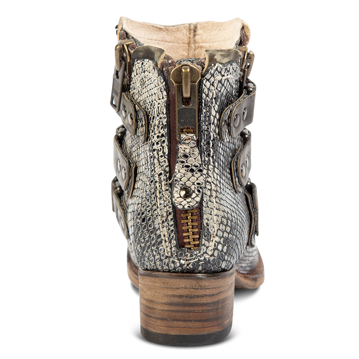 Back view showing block heel and heel brass zip closure on Freebird women's Grecko olive leather ankle bootie