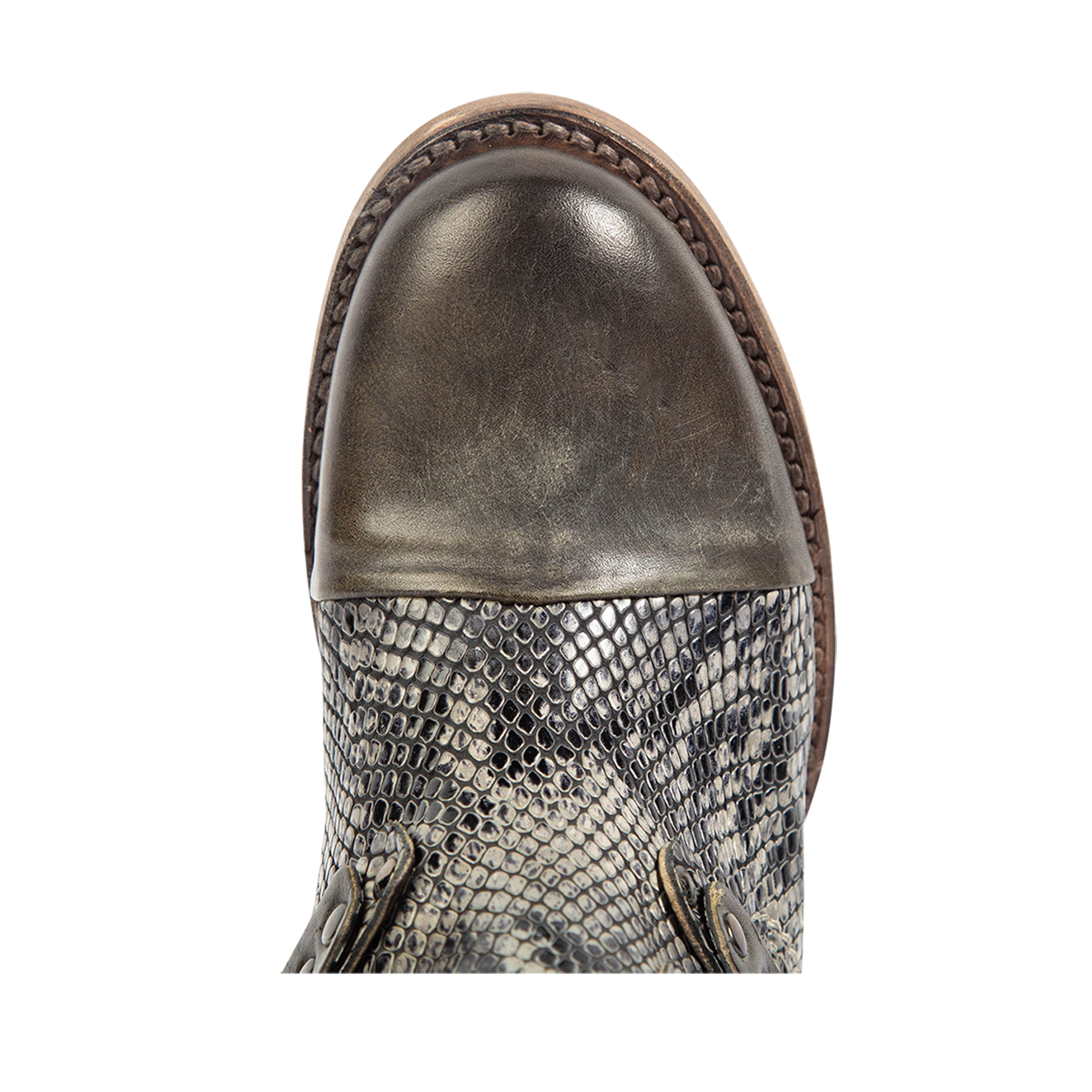 Top view showing round toe on FREEBIRD women's Grecko olive leather ankle bootie