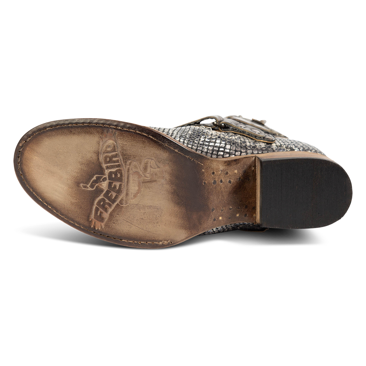 Leather sole imprinted with FREEBIRD on women's Grecko olive leather ankle bootie