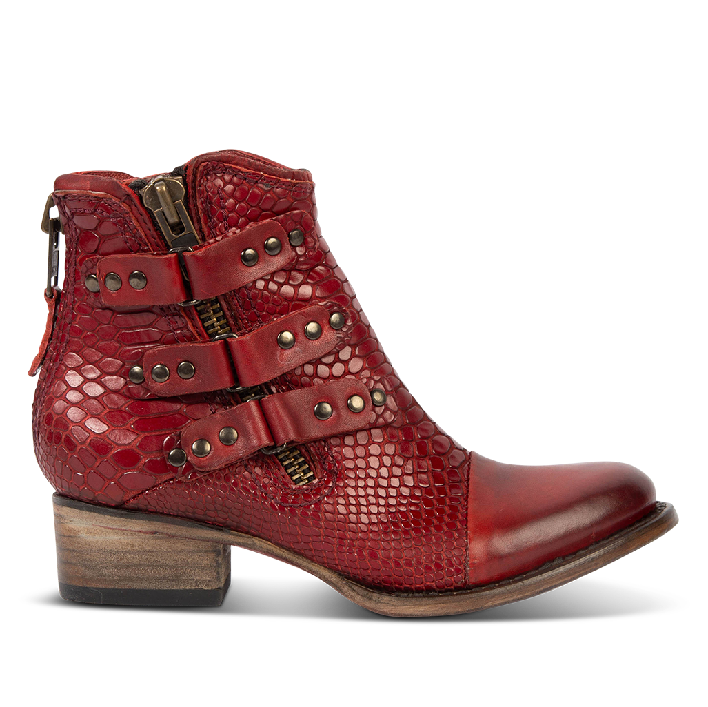 FREEBIRD women's Grecko red leather ankle bootie with low block heel and symmetrical studded straps 