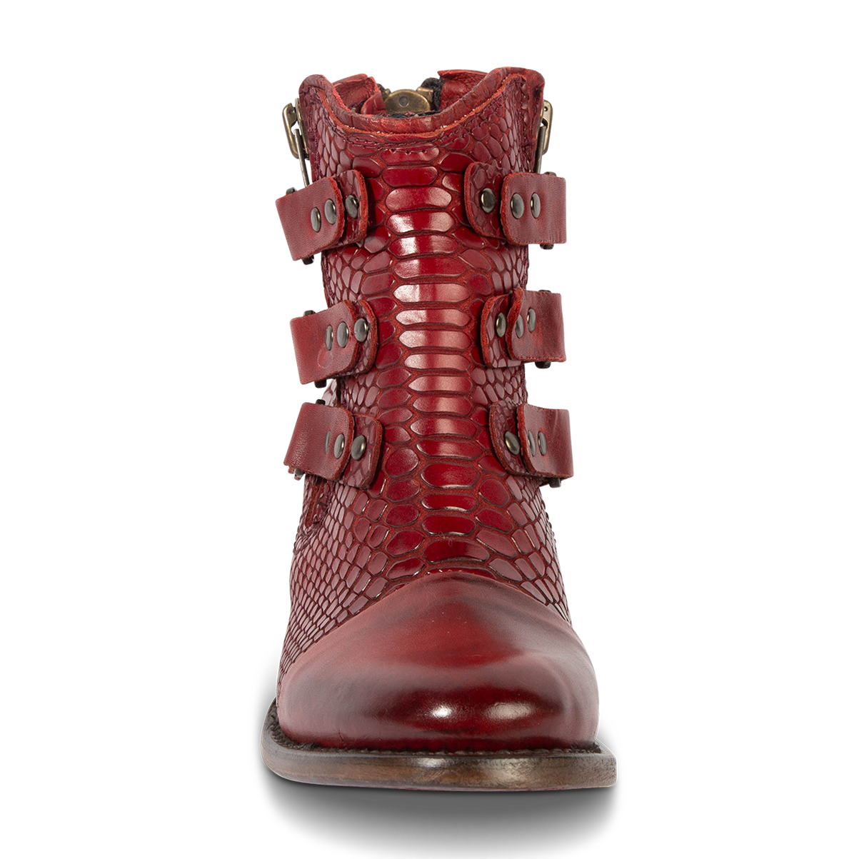 Front view showing symmetrical studded straps and rounded toe on FREEBIRD women's Grecko red leather ankle bootie