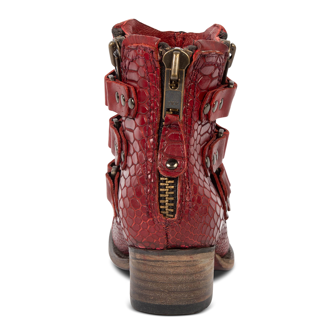 Back view showing block heel and heel brass zip closure on Freebird women's Grecko red leather ankle bootie