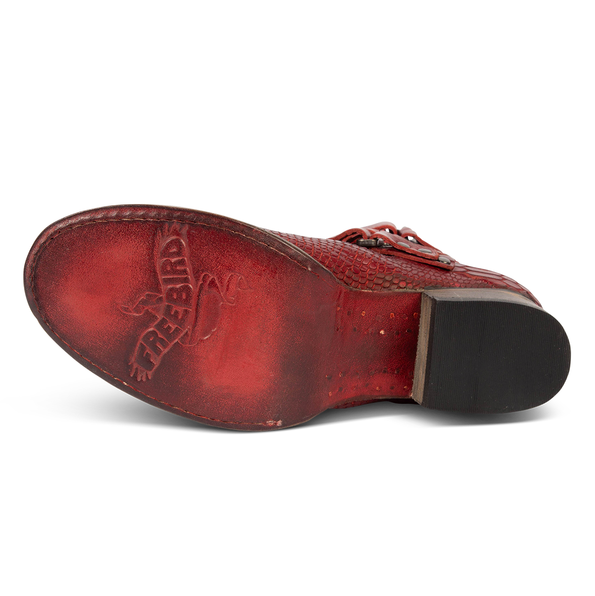 Leather sole imprinted with FREEBIRD on women's Grecko red leather ankle bootie