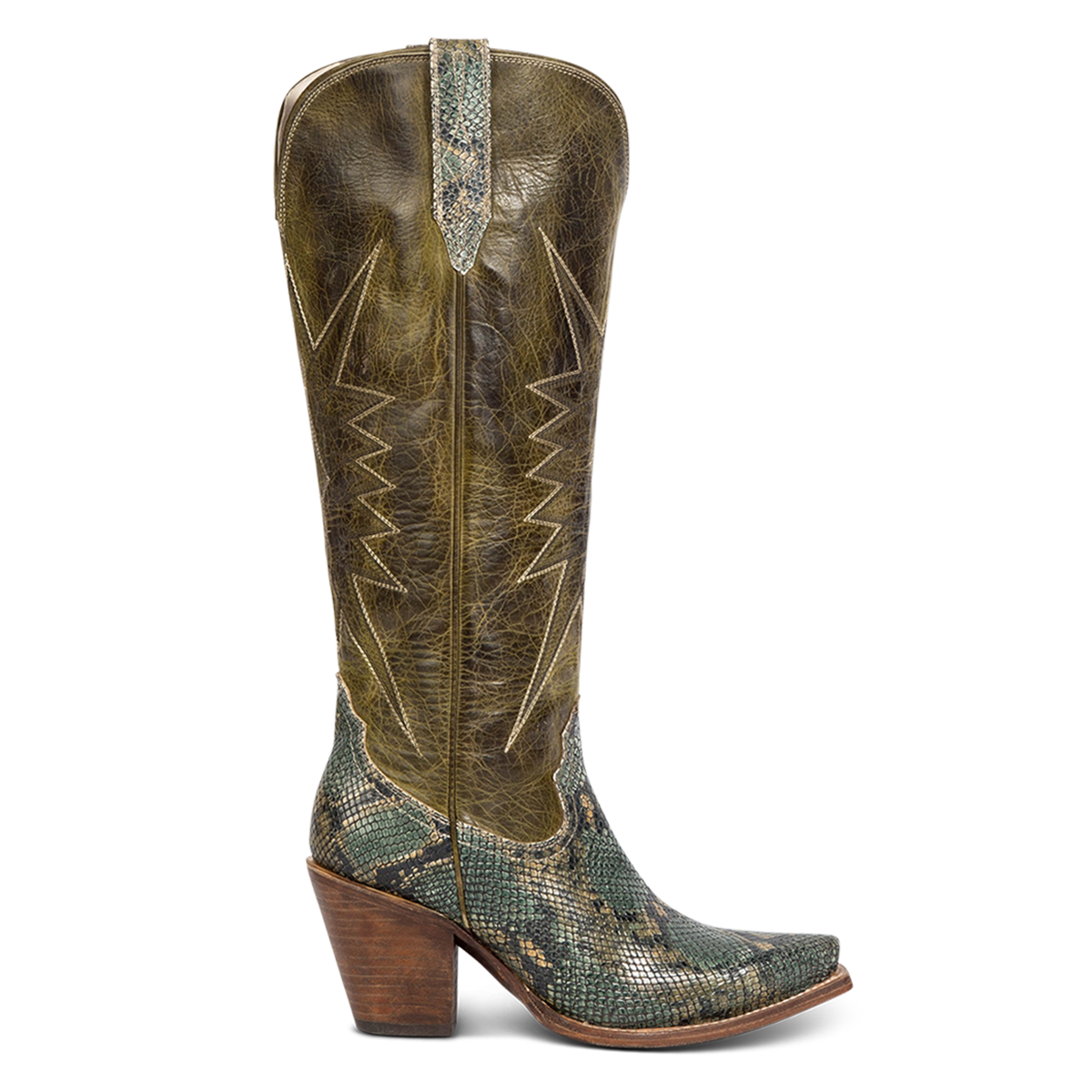 Freebird women's BAMBI green snake multi leather knee high boot with starburst shaft stitching, embossed leather detailing and an inside brass zipper