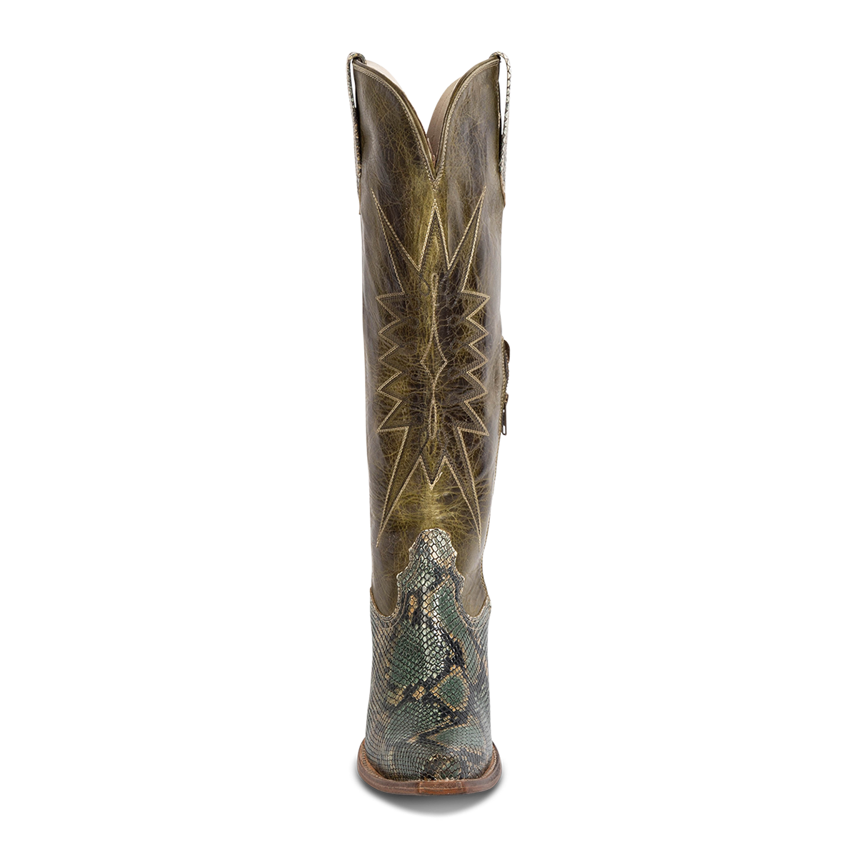 Front view showing Freebird women's BAMBI green snake multi leather knee high boot with starburst shaft stitching, embossed leather detailing and symmetrical pull tabs
