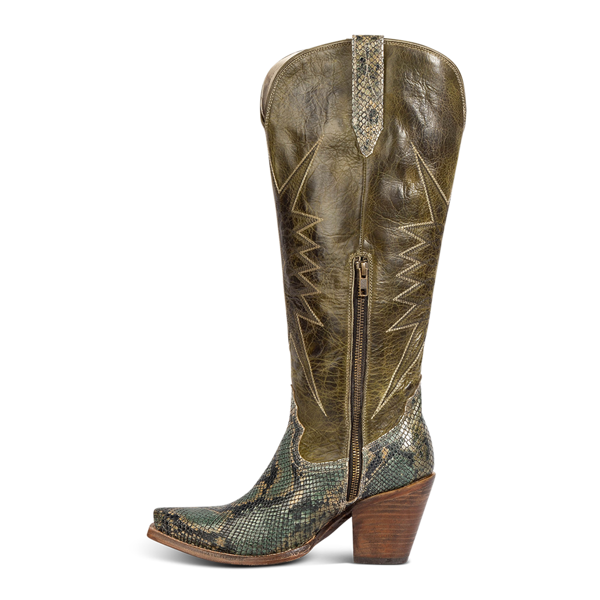 Inside view showing Freebird women's BAMBI green snake multi leather knee high boot with starburst shaft stitching, embossed leather detailing and an inside brass zipper