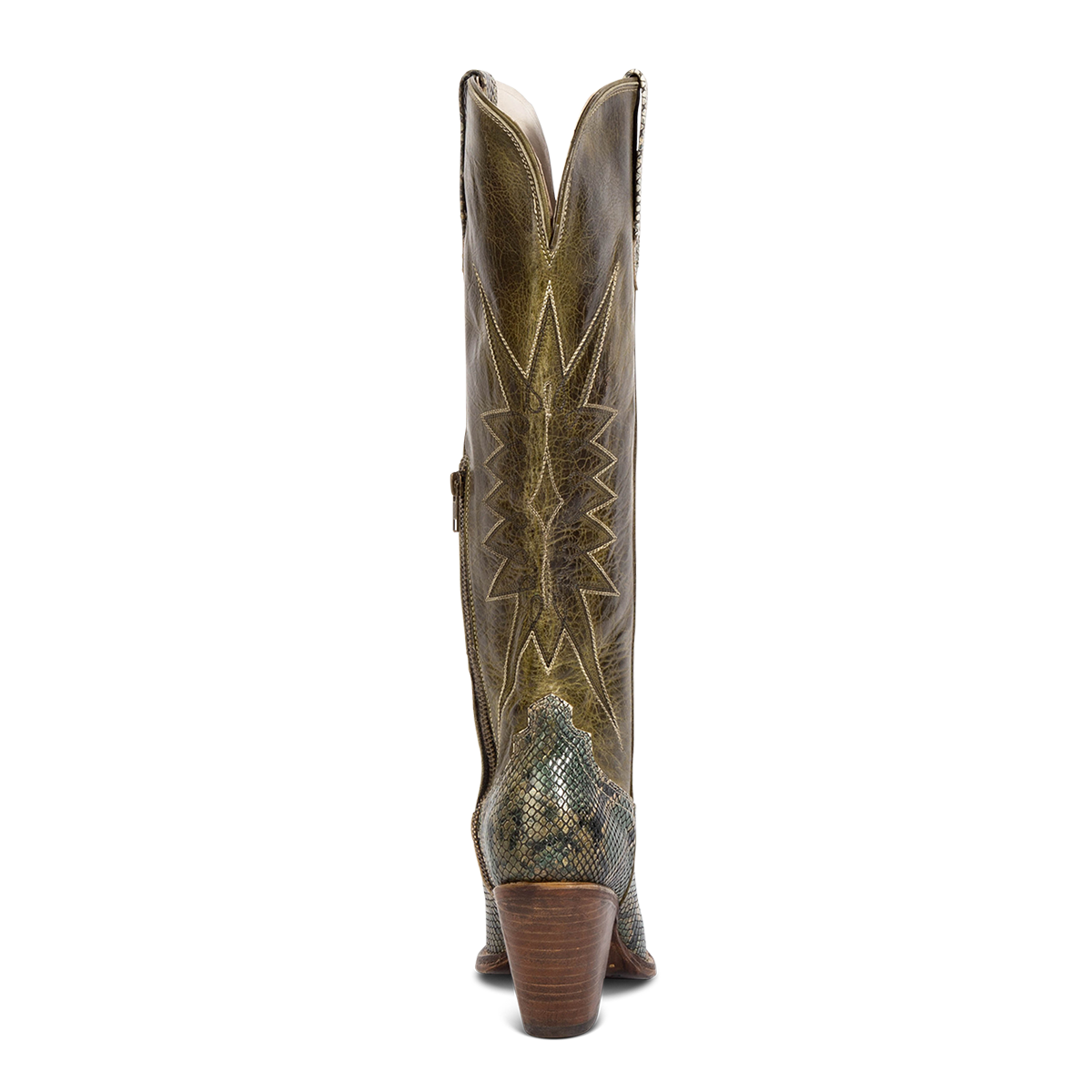 Back view showing Freebird women's BAMBI green snake multi leather knee high boot with starburst shaft stitching, embossed leather detailing and a lifted heel