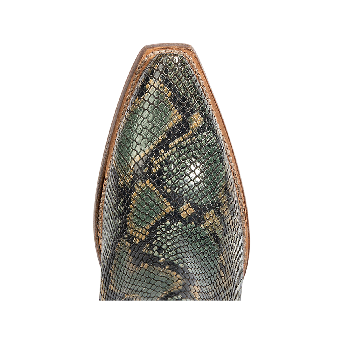 Top view showing snip toe construction on Freebird women's BAMBI green snake multi leather knee high boot 