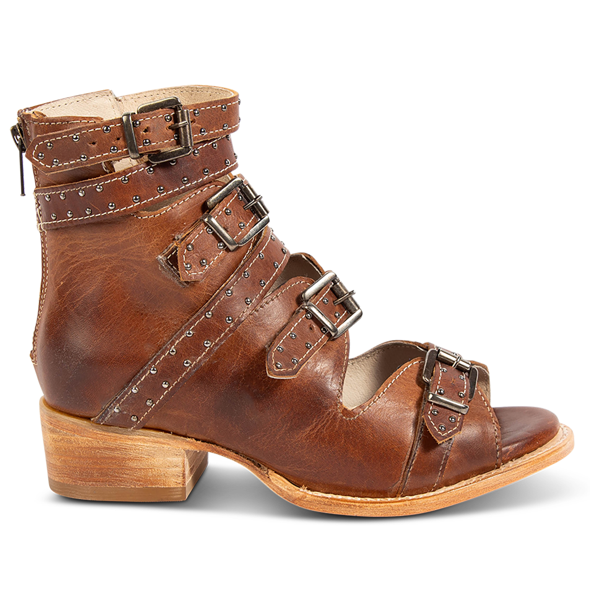 FREEBIRD women's Gunnar cognac leather sandal with adjustable leather straps, studded embellishments and a low block heel
