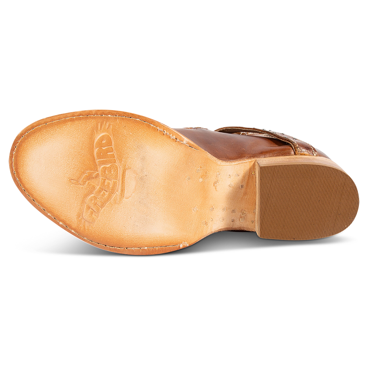 Leather sole imprinted with FREEBIRD on women's Gunnar cognac leather sandal