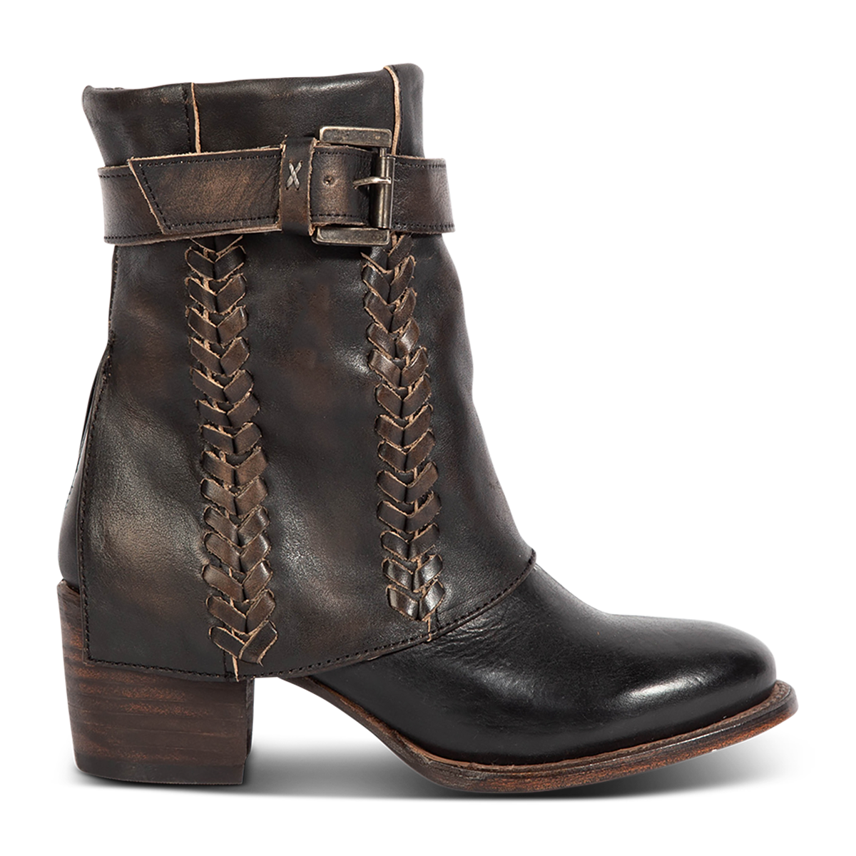 Freebird women's HAWK black leather bootie with whip stitch detailing, leather shaft overlay and adjustable ankle buckle